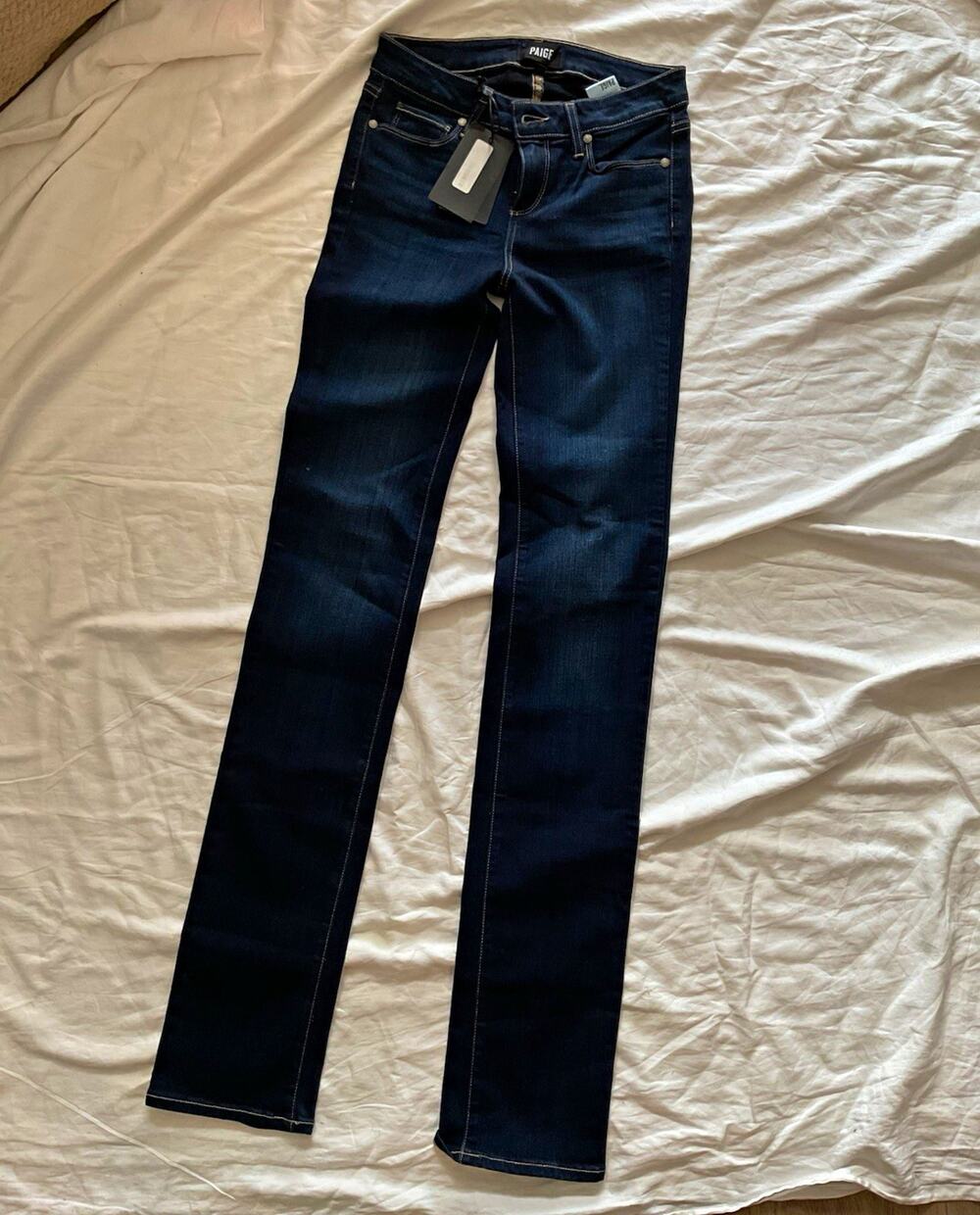 PAIGE Women’s Skyline Straight Jeans Blue Dark Wash Stretch Mid-Rise 5-Pocket 24